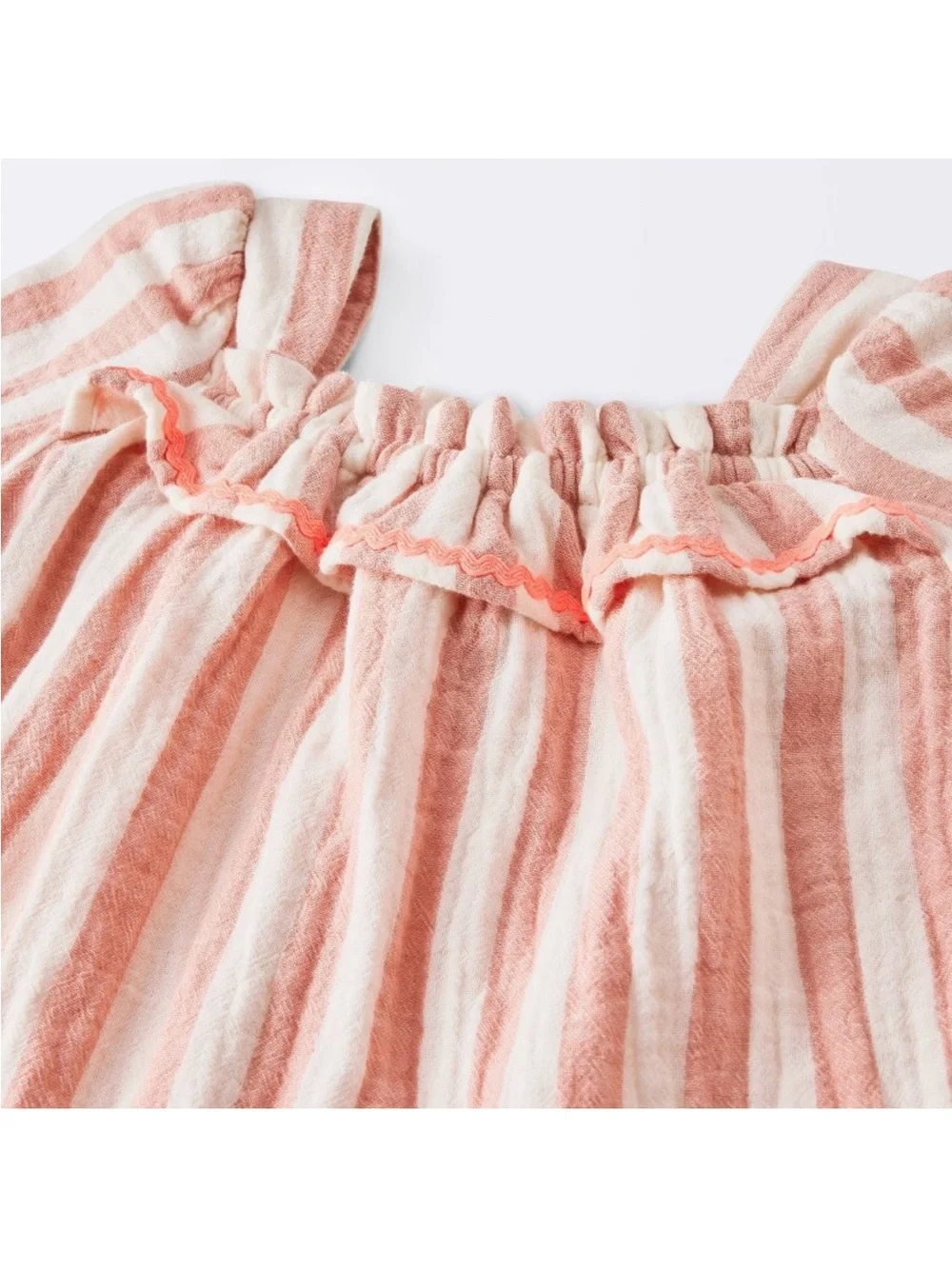 Striped Gauze Coral Top and White Two-Piece Set